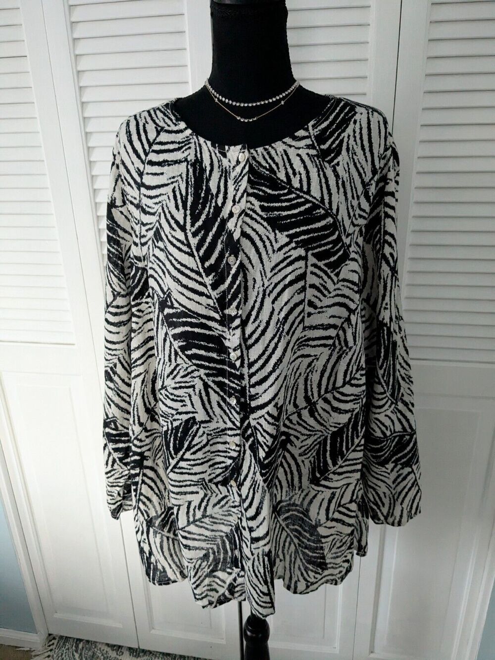 Cynthia Rowley Linen Tunic Top Womens 2X Tropical Botanical Print Black Cream